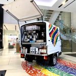mobile coffee branded van set up for Michael Kors Pride event