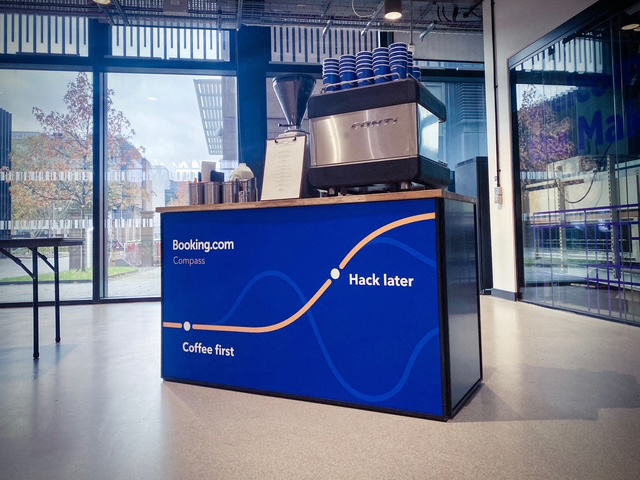 Corporate branded mobile coffee bar hire office event for Booking.com