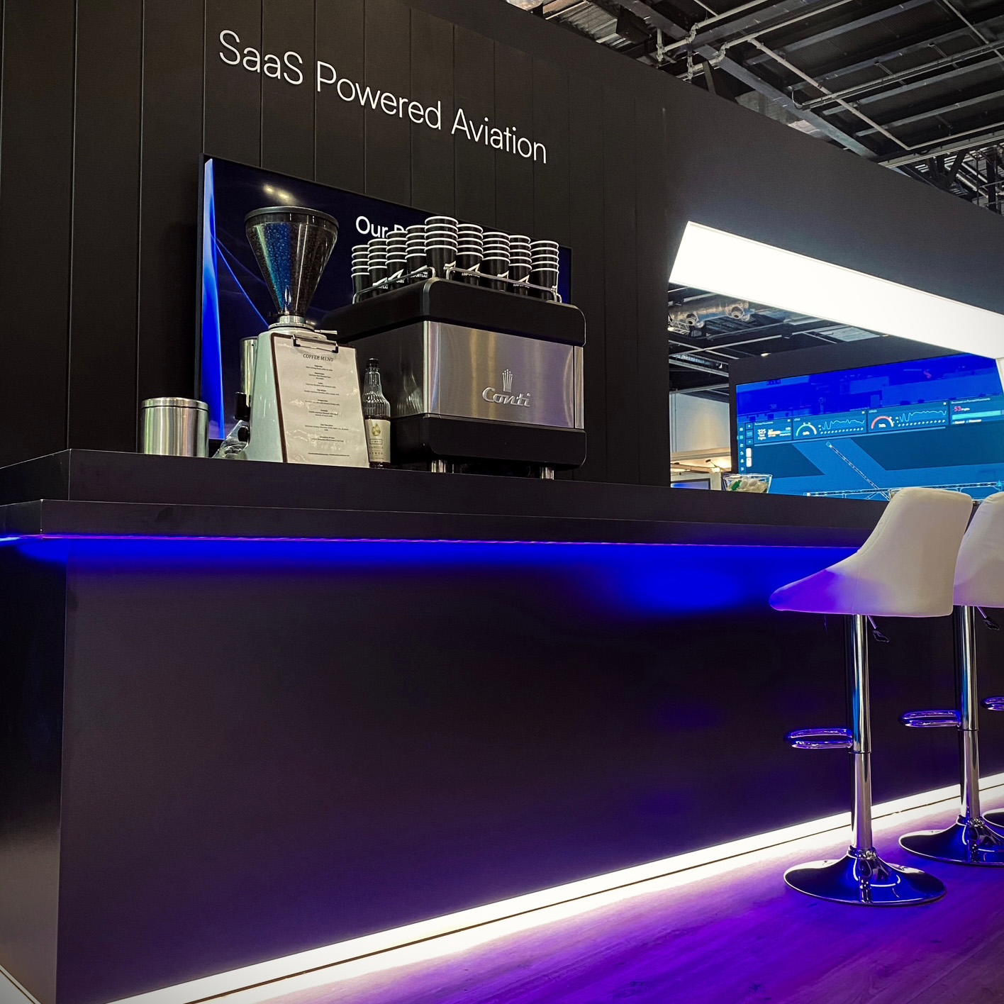 Corporate branded mobile coffee bar hire tech event for Airport Labs