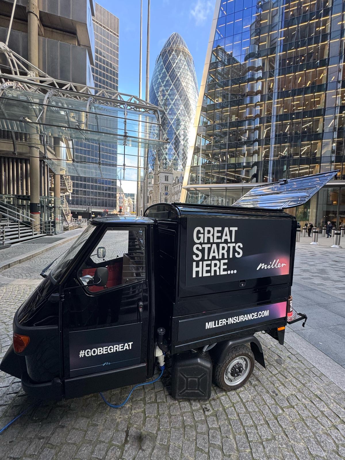 Corporate branded mobile coffee van hire city event – Miller Insurance Corporate branded mobile coffee van hire city event - Miller Insurance