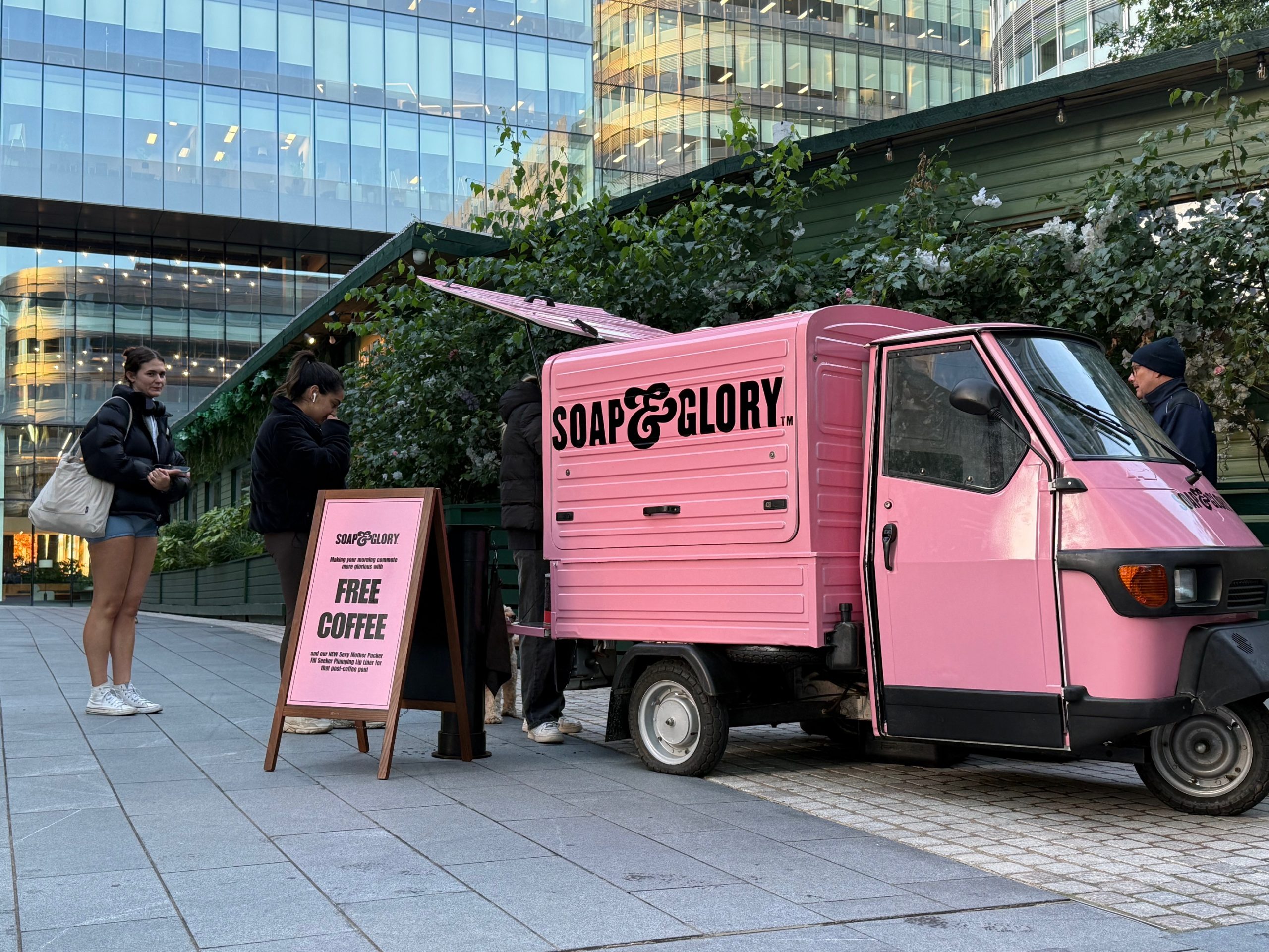 Corporate branded mobile coffee van hire outdoor event – Soap & Glory Corporate branded mobile coffee van hire outdoor event - Soap & Glory