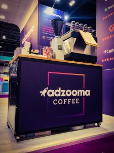 The Mobile Coffee Bean branded Adzooma coffee bar for exhibitions