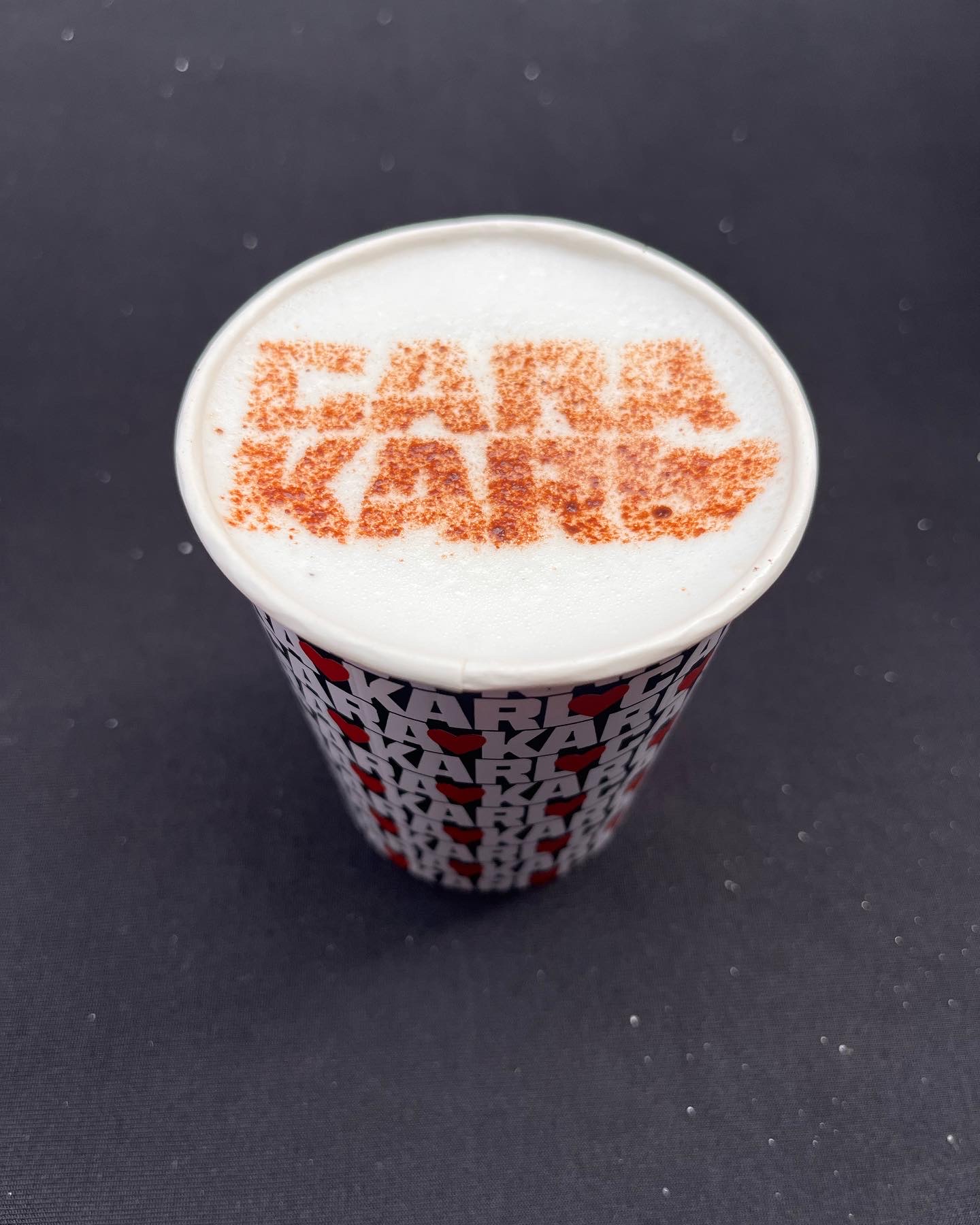 branded mobile coffee cup and latte art for Karl Lagerfeld's 'Cara loves Karl' promotion
