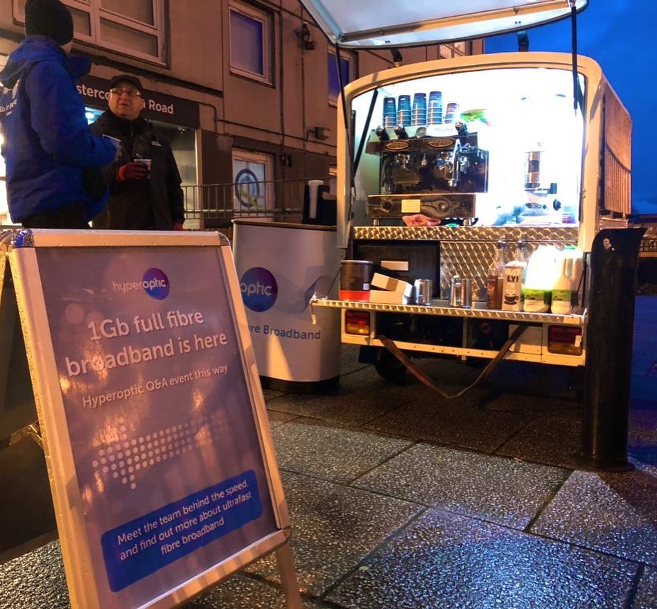 The Mobile Coffee Bean Hyperoptic branded mobile coffee van and barista in Edinburgh