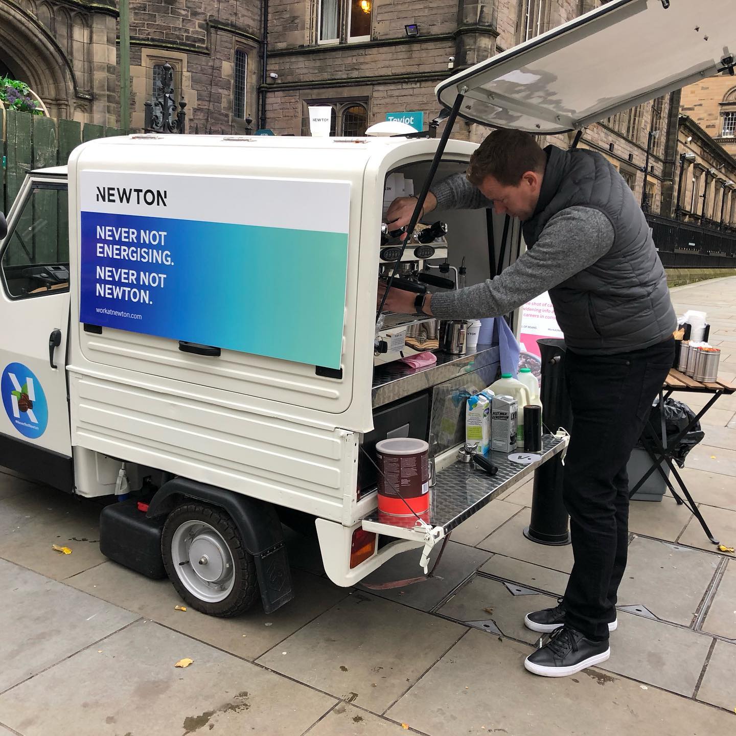 The Mobile Coffee Bean Newton Europe branded mobile coffee van at Edinburgh University