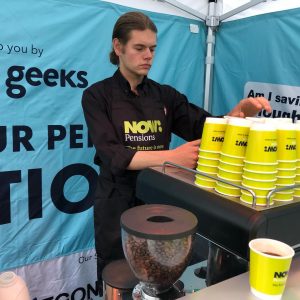 The Mobile Coffee Bean Now Pensions branded mobile coffee bar, cups and barista