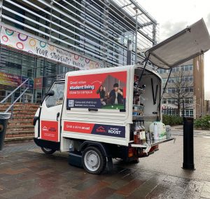 The Mobile Coffee Bean Sulets Student Roost branded coffee van for outdoor event